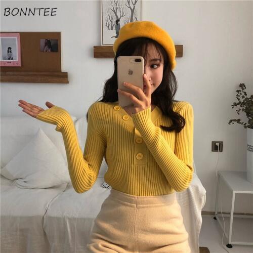 Pullovers Women V-Neck Single Breasted Slim Solid Simple All-match Elegant Ladies Sweater Womens Knitting Soft Korean Pullover