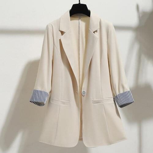 Women Blazer Autumn 3/4 Sleeve Turn-Down Collar Button Slim Blazer Coat Striped Cuff Plus Size Office Jacket костюм женский