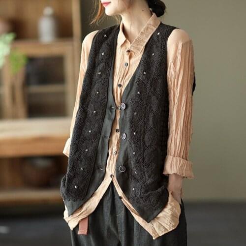 QPFJQD Ladies Cotton Linen Vest V-Neck Sleeveless Button Casual Spring Autumn Women Solid Color Loose Rivet Knit Vests Patchwork