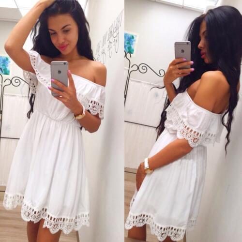 2018 Fashion Frocks Summer Women White Lace Stitching Dress Off Shoulder Strapless Sexy Dress Slash Neck Mini Dresses Vestido
