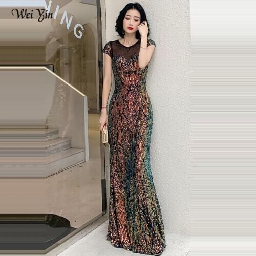 Wei yin AE0386 Evening Dress O-neck Short Sleeve Robe De Soiree Floor Length Sequined Women Party Dresses Hollow Evening Gowns