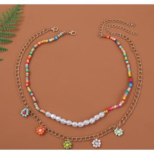 2 Pcs/Set Trendy White Pearl Multicolor Glass Beads Handmade Beaded Necklaces For Women Gold Color Chain Flower Pendant Necklace