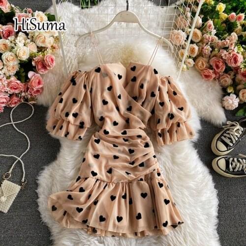 2021 Summer New Sheath dress Women Slash Neck Puff Sleeve Ruffles chiffon fishtail Dress Female Chic Elegant Mini Dresses