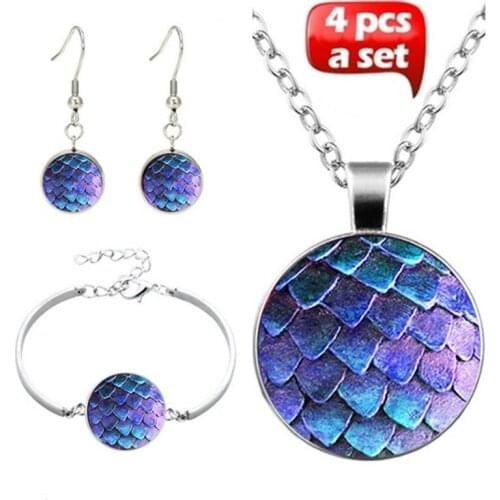 4Pcs/Set New Fashion Handmade Glass Creativity Mermaid Scales Pendant Choker Necklace Bracelet Earrings For Women Accessories
