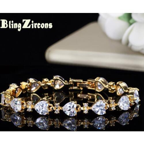 BeaQueen Shiny Heart Cut Cubic Zirconia Crystal Tennis Bracelet Yellow Gold Color Women Wedding Jewelry for Brides B003