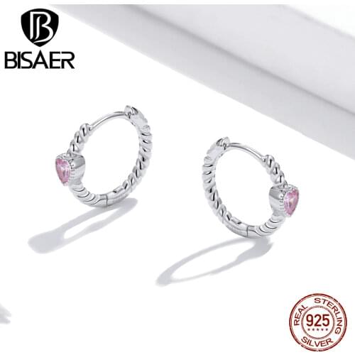 BISAER 925 Sterling Silver Plated Platinum Pure Love Heart Shape Zircon Hoop Earrings For Women Wedding Fashion Jewelry ECE1081