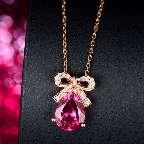 BLACK ANGEL Fashion Elegant Bowknot Pendant 925 Silver Water Drop Pink Tourmaline Necklace for Women Jewelry Christmas Gift