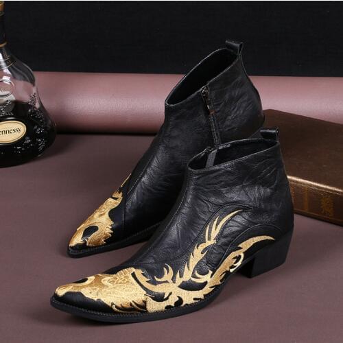 Christia Bella New Fashion Large Size Pointed Toe Men Cowboy Short Boots Golden Embroidery Real Leather Male Party Ankle Boots