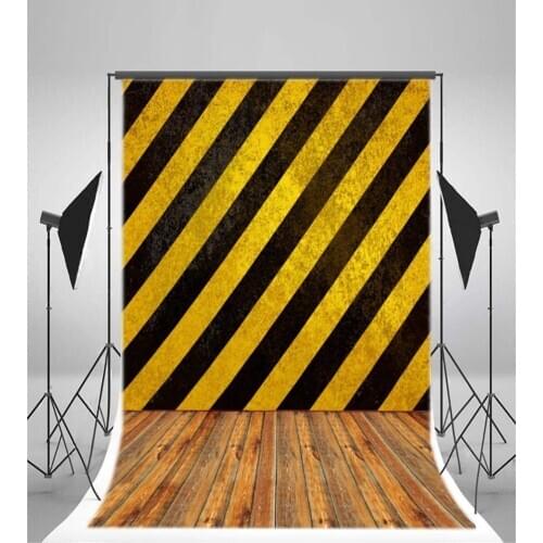 Photography Backdrop Black and Yellow Warning Wooden Floor