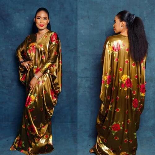 HIJABMUSS African Womens Dress With Large Swing Elastic Silk Satin Digital Printing V-neck Robe Elegant Temperament Casual Wear