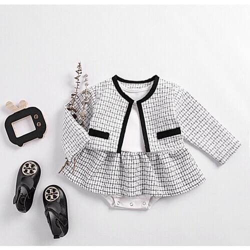 Vintage little girls dress fall plaid long sleeve coat+tutu romper dress fall infant kids bodysuit toddler onesie children suit