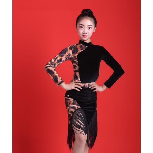 Latin Dance Costumes Girls Long Sleeve Leopard Fringe Skirt Latin Competition Dresses Kids Tango/Samba Stage Clothes DQL2836