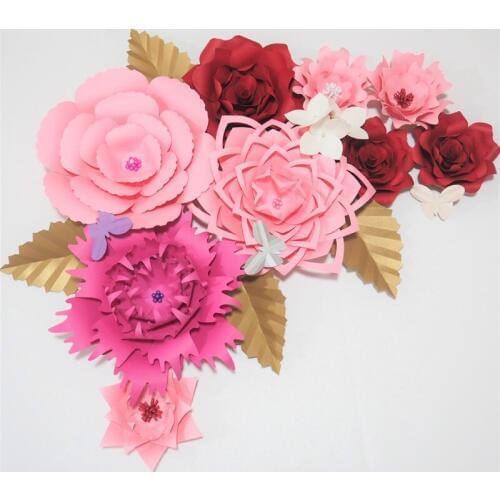 2018 Hot Mix Giant Paper Flowers 9pcs+1 bunch Hydrangea flowers+4 Leaves+3 Butterflies For Wedding & Event Backdrop Baby Nursery