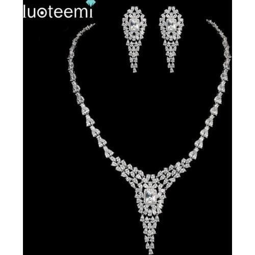 LUOTEEMI 2016 Brand New Luxury Shiny AAA Cubic Zirconia Necklace CZ Dangle Earring Set For Women Wedding Bridal Jewelry