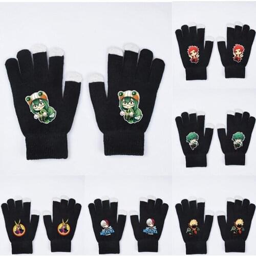 My Hero Academia Anime Mens Gloves Anime Full Finger Black Printed Ladies Gloves Knitted Warm Touch Screen Ski Gloves Winter