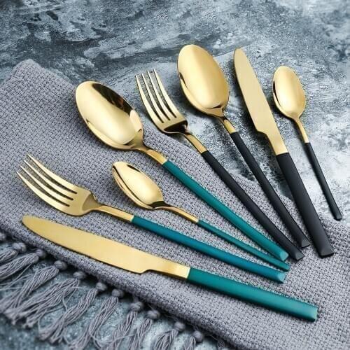 Stainless Steel Dark Black Green Gold Cutlery Set Dinnerware Set Gold Silverware Tableware Fork Knife Spoon Christmas Gift