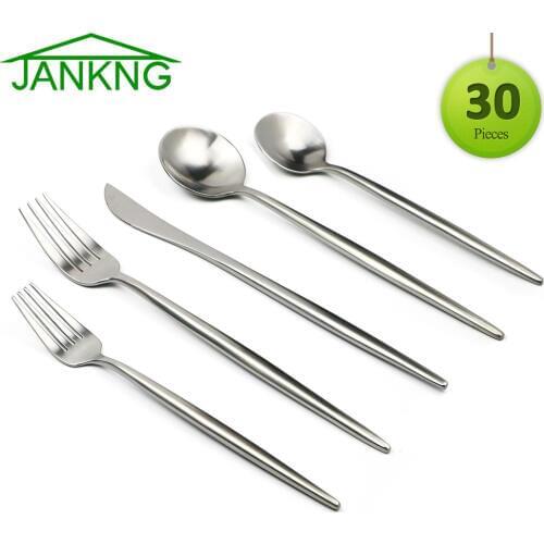 JANKNG 30-Pieces Silver Stainless Steel Cutlery Set Matte Dinner Knife Table Fork Teaspoon Tableware Dinnerware Set Servic for 6