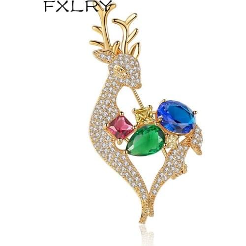 FXLRY New Arrive Romantic Fashion Women Multicolor Cubic Zircon Cute Animal Deer Brooches Sweater Coat Accessories