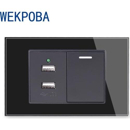 WEKPOBA US Size Tempered Glass Wall Panel Socket 2 USB Charge Port Output With Pass Through Stair Rocker 1 gang Switch Switched