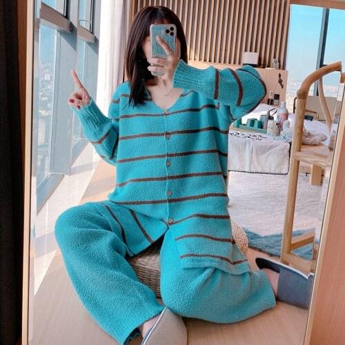 INS New Soft Striped Pajamas Womens Autumn and Winter Thickened Wool Knitted Cardigan Homewear Two-Piece Suit