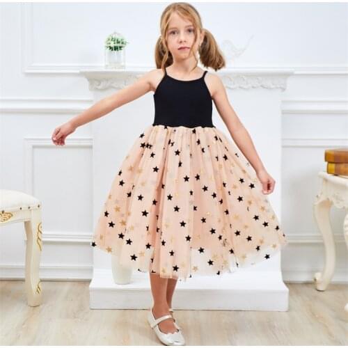 Strap Dress Little Girl Birthday Costume Wedding Prom Gown Star Print Mesh Vestidos 3-8Y Sling Dress Children Causal Clothes