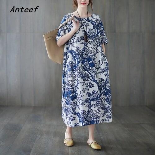 Short sleeve cotton linen vintage floral dresses for women casual loose long woman summer dress elegant clothes 2021