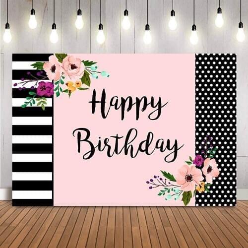 Happy Birthday Stripe Backdrop for Photography Studio Floral adult Birthday Party Decoration Portrait Photo Booth Studio