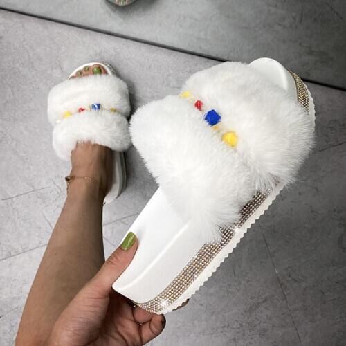 Colorful Rhinestone Furry Faux Fur Slides Platform Sandals Women White Cute Plush Embellished Diamante Glitter Modish Slippers