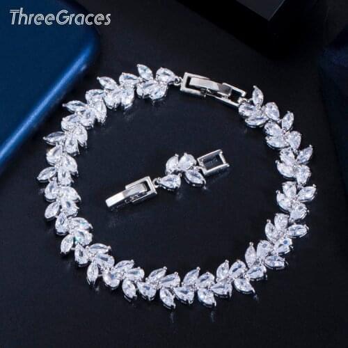 ThreeGraces Shiny Marquise Cut CZ Silver Color Leaf Shape Link Chain Bracelet Bangle for Brides Wedding Party Prom Jewelry BR155
