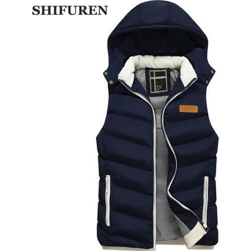 SHIFUREN Winter Hooded Vest Men Warm Thick Cotton Padded Sleeveless Jackets Coat Male Waistcoat Outerwear Coat Hat Detachable