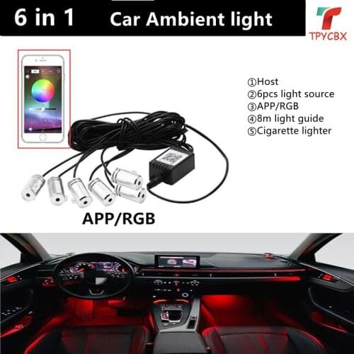 Universal 6 in 1 RGB LED with 8M Car Interior Decor Fiber Optical Strip Light by App Control 12V Car Decorative Atmosphere Lamps