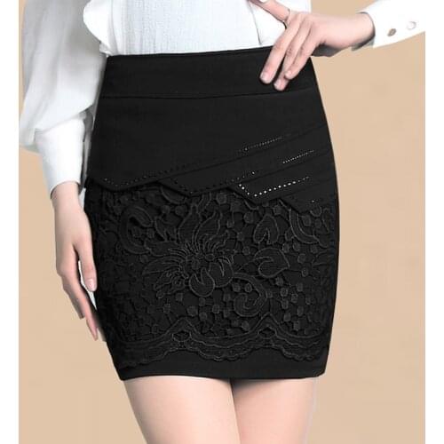 Summer Women High Waist Lace Patchwork Stretch Rhinestone Pencil Skirt , Spring Fall Office Lady 5XL Above Knee Skirts For Woman