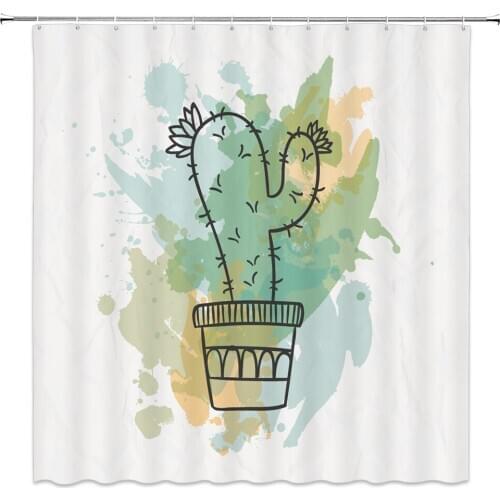 Watercolor Plant Shower Curtains Hand Painted Cactus Bathroom Decor Home Bath Waterproof Polyester Cloth Curtain Set Cheap