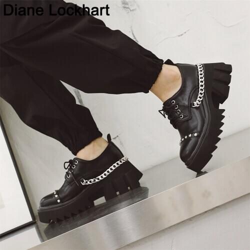 Punk Style Women Chunky Platform Shoes Zapatos Mujer Lace-up Woman Creepers Femal Casual High Heels Metal Decor Tenis Feminino