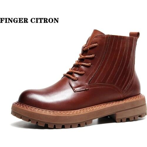 Finger Citron Women Chelsea Anckle Boots Genuine Cow Leather Round Toe Platform Rubber Outsole By Handmade Lady style Size 35-42