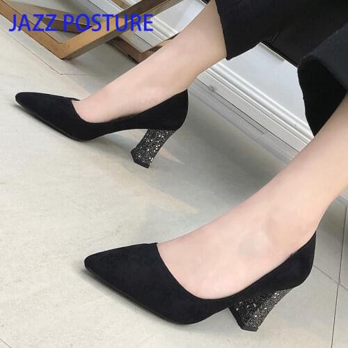 Female 7.5cm High Heels Bling Ladies Sexy Chunky Heels Woman fashion Pointed Toe Elegant Party Wedding Black Khaki Shoes y245