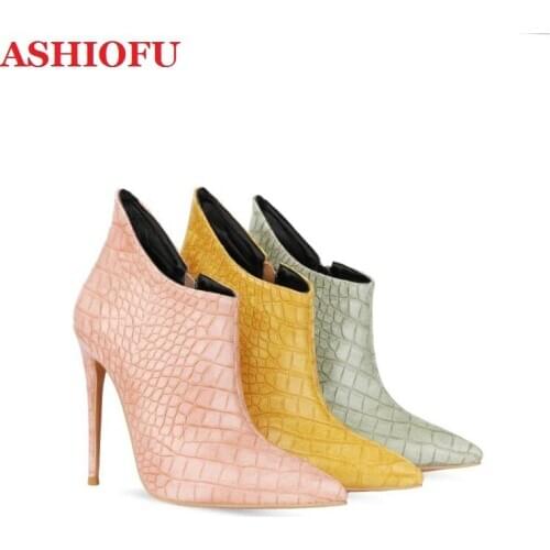 ASHIOFU Handmade New Womens Ankle Boots Pointed-toe Stone Pattern Stiletto Booties Side-zipper Party Prom Fashion Short Boots