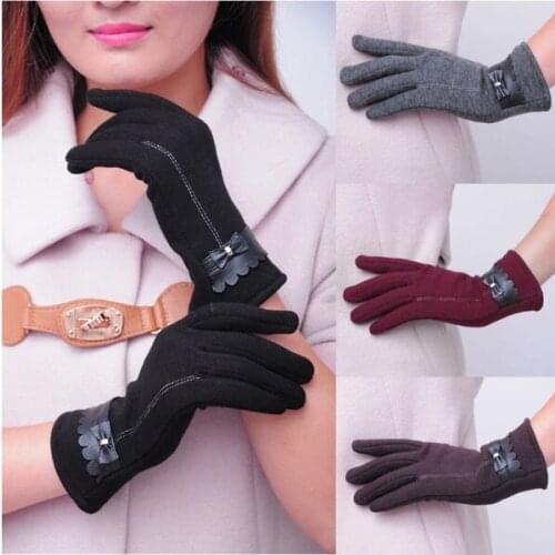Ladies Winter Fashion Cotton Patchwork Gloves Thermal Lining Touch Screen Gloves Bowknot Patchwork Versatile Fashion Warm Gloves