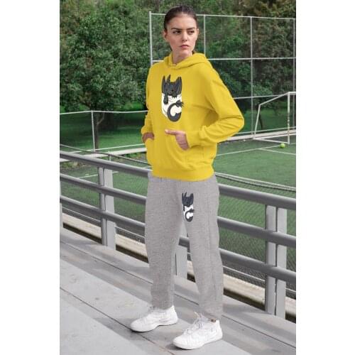 Angemiel Wear Baby Dragon Women Tracksuit Set Yellow Hooded Sweatshirts Gray Sweatpants