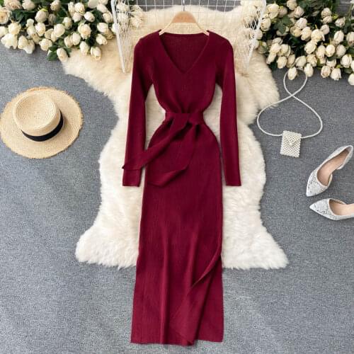 Teeuiear Slim v neck Autumn Bodycon Knitted Sweater bandage long dress Winter party Women casual elegant sexy split tunic dress
