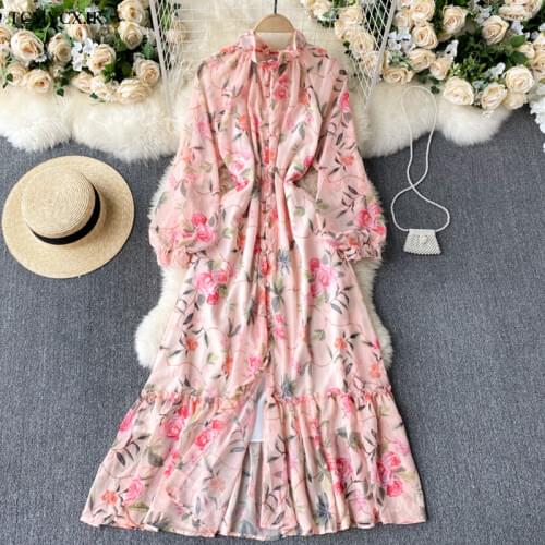 Summer New Style Woman Dress Stand-up Collar Chiffon Printing Buttoned Casual Dresses For Women Holiday Dress 2021 femme robe