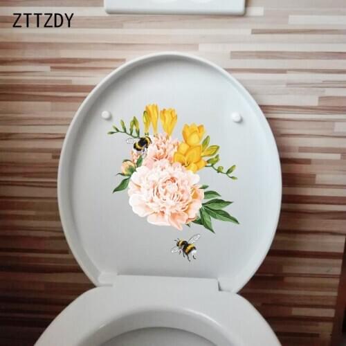ZTTZDY 20.8×23.9CM Fresh Flower Peony WC Toilet Decoration Accessories Cute Bee Home Room Wall Stickers T2-1153
