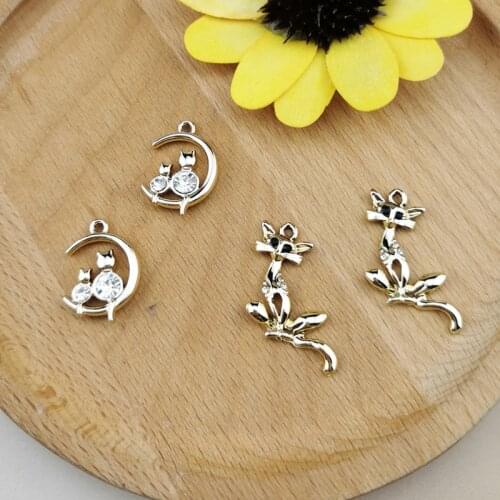 10pcs Kawaii Rhinestone Cats Metal Charms Shinny Moon Cat Pendant Fit Earring Bracelet DIY Jewelry Accessory Golden Base Finding