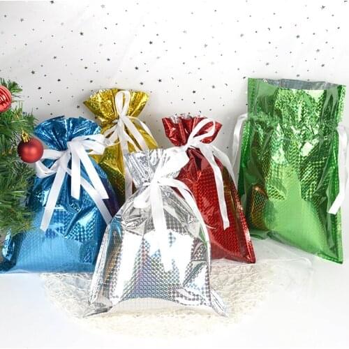 5Pcs Christmas Plastic Bags Party Candy Cookie Food Bag Drawstring Pocket for Wedding Birthday New Year Gift Packaging Supplies