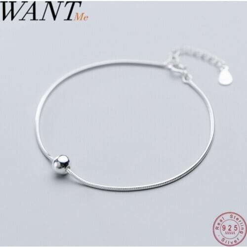 WANTME Minimalist Genuine 100% 925 Sterling Silver Glossy Bead Chain Charm Bracelet for Women Party Wedding Jewelry Accessories