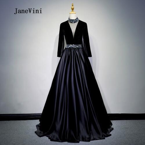JaneVini 2018 Black Satin Beaded Long Bridesmaid Dresses for Weddings V-Neck Illusion Floor Length Abiti Da Damigella D'onore