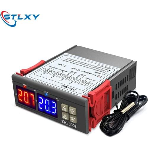 Dual Digital Temperature Controller Two Relay Output Thermostat Thermoregulator 10A Heating Cooling STC-3008 12V 24V 220V