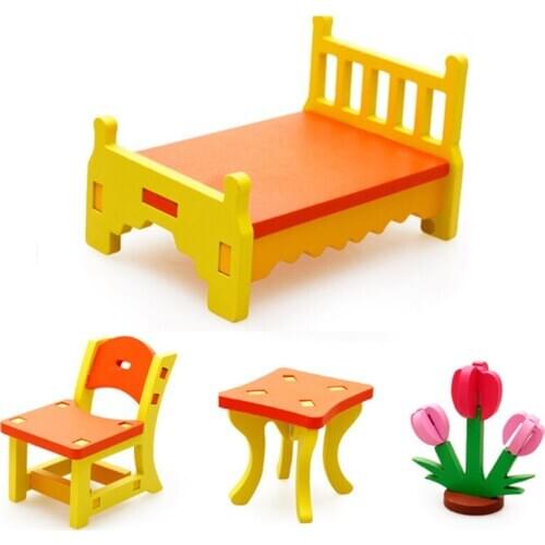 Kids Children DIY Educational Toy Wooden 3D Assembly Puzzle Home Table Chair Dresser Toys Model High Quality 1 Set