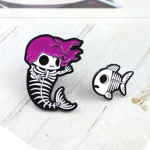 Mermaid Enamel Brooch Purple Elegant Hair Mermaid Fish Bone Creative Badge Pin Children Jackets Backpack Cartoon Accessories