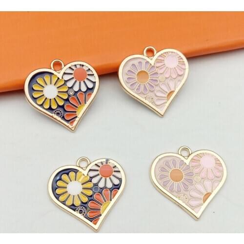 Enamel Flower Heart Charm in Bulk -Set of 10- Love Heart Charm Flower Pattern Jewelry Making Pendants Keychain DIY Charm